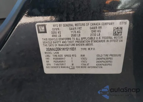 2017 Chevrolet Equinox Lt из США, поврежденный, VIN 2GNALCEK1H1511831